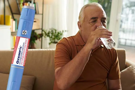 Elderly man drinking glass of water | Ozempic Dehydration