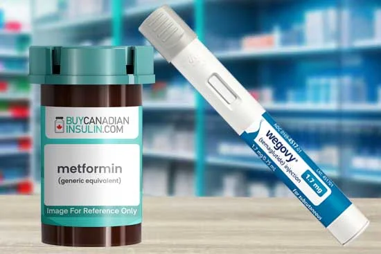 Metformin Bottle and Wegovy Pen on pharmacy counter