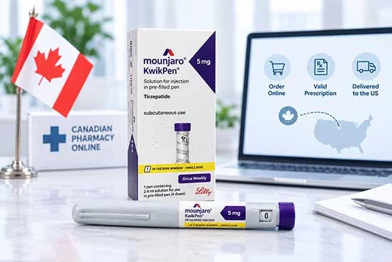 Mounjaro KwikPen with Canadian pharmacy and US delivery icons